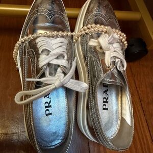 Prada Silver Sneakers with Pearl Accents